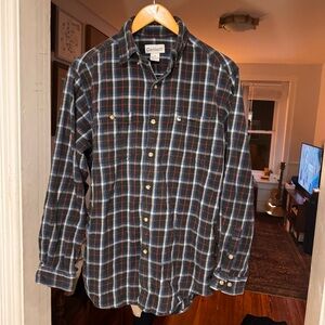 Vintage Carhartt Men's Navy Plaid Button-Up Flannel Shirt